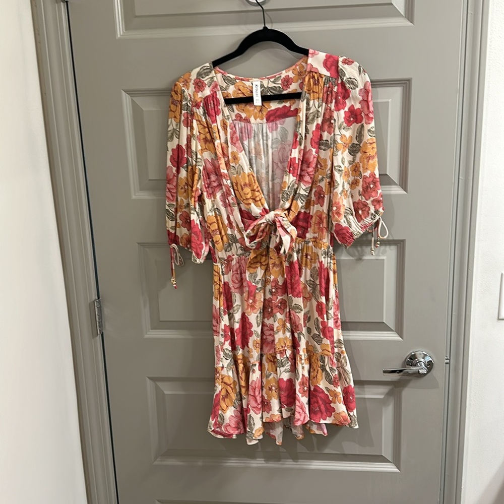 Kivari Floral Mini Dress in Cream, Pink & Mustard - Picture 2 of 6